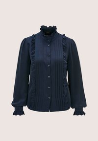 Navyblaue Bluse aus glattem Stoff mit Rüschendetails, Falten an der Vorderseite, Knopfverschluss und gerafften Ärmeln mit Rüschensäumen.