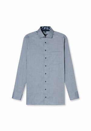 Hellblaues langärmliges Hemd mit Knöpfen, mit kariertem Muster, einer Brusttasche und einem gemusterten Kragenfutter. Schwarze Knöpfe auf der Vorderseite.