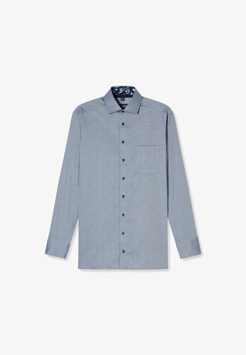 Lichtblauw langgerek shirt met knopen, met een geblokt patroon, een borstzak en een gevoerde kraag met patroon. Zwarte knopen aan de voorkant.