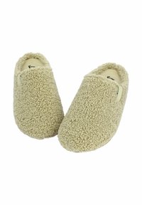 Beige, strukturierte Hausschuhe aus weichem, flauschigem Stoff mit runder Zehenpartie und rückenlosem Design. Mit einem dezenten Logo-Detail an der Seite.