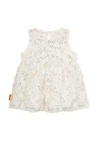 Weißes ärmelloses Kleid mit einem pinken Blumenmuster, verziert mit Pailletten, mit Rundhalsausschnitt und Knopfverschluss auf der Rückseite.