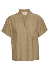 Camicia beige a maniche corte con tessuto texturizzato e stropicciato. Presenta un collare arricciato e una tasca sul petto con chiusura a bottone.