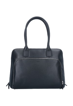 Sac à main en cuir noir avec une texture lisse, poignées courtes, fermeture zippée sur le dessus et une poche avant avec un détail de zip argenté.