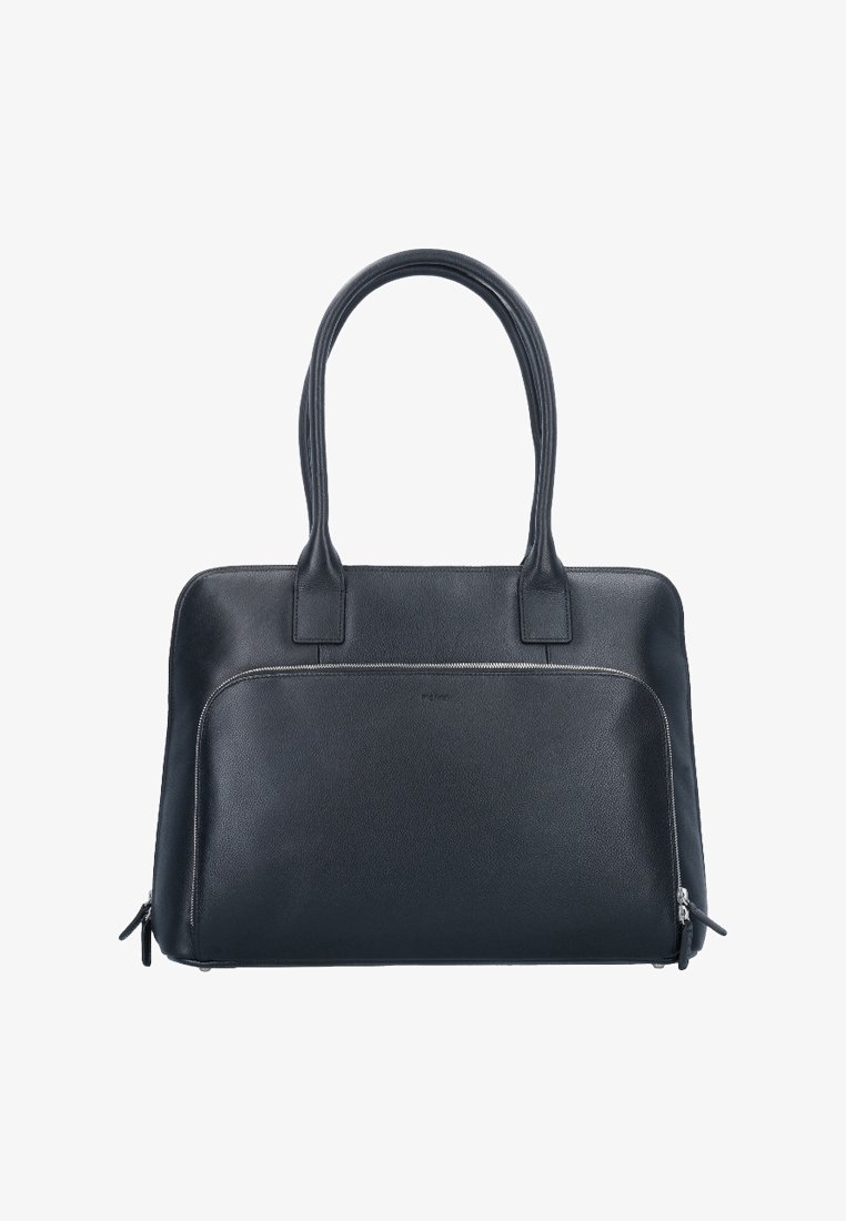 Sac à main en cuir noir avec une texture lisse, poignées courtes, fermeture zippée sur le dessus et une poche avant avec un détail de zip argenté.