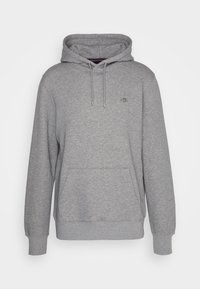 Sudadera con capucha gris, hecha de una tela suave, que cuenta con un bolsillo tipo canguro, puños y dobladillo de canalé, y un pequeño logo en el pecho.