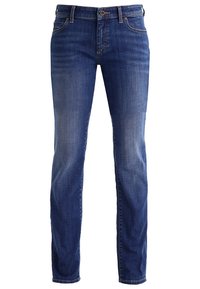 Jeans in denim blu con taglio dritto, dotati di un classico design a cinque tasche e leggere sfumature sulle cosce. Chiusura con bottone metallico.