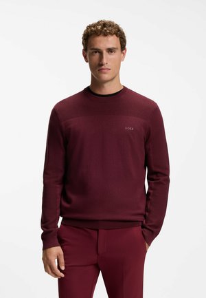 Mand med krøllet hår iført en tætsiddende burgunderfarvet sweater og matchende bukser, stående mod en ensfarvet hvid baggrund med et neutralt udtryk.