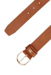 Brown leather belt with a textured finish, featuring a gold-tone metal buckle and logo accent near the buckle.