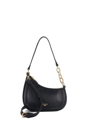 Sac à bandoulière en cuir noir avec détail chaîne dorée, sangle réglable et logo "Dune" à l'avant sur fond blanc.