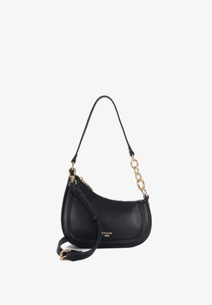 Sac à bandoulière en cuir noir avec détail chaîne dorée, sangle réglable et logo "Dune" à l'avant sur fond blanc.