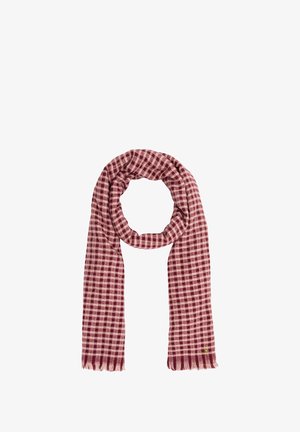 Rood en beige geruite sjaal met franjes, losjes in een lus gerangschikt met de uiteinden die naar beneden hangen.