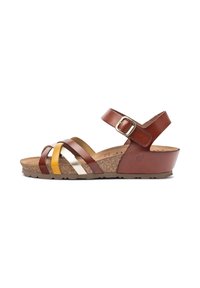 Sandalo in pelle marrone con cinturini multicolori, tra cui giallo e argento. Suola in sughero e cinturino alla caviglia regolabile con fibbia in metallo.