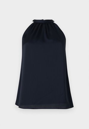 Tume sinise tooniga halter-stiilis top, mis on valmistatud sujuvast ja kergest kangast. Omab kokku volditud kaelust ja peent, voolavat siluetti.