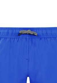 Blauwe zwemshorts met een elastische tailleband en een zwart-witte trekband. Gladde textuur met een zijzakje.