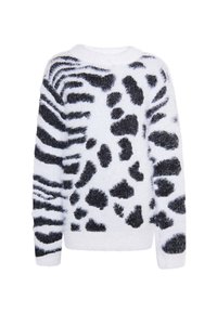 Maglione peloso bianco con motivi a strisce zebrate e maculati neri in contrasto. Girocollo e maniche lunghe con polsini a costine. Tessuto testurizzato.