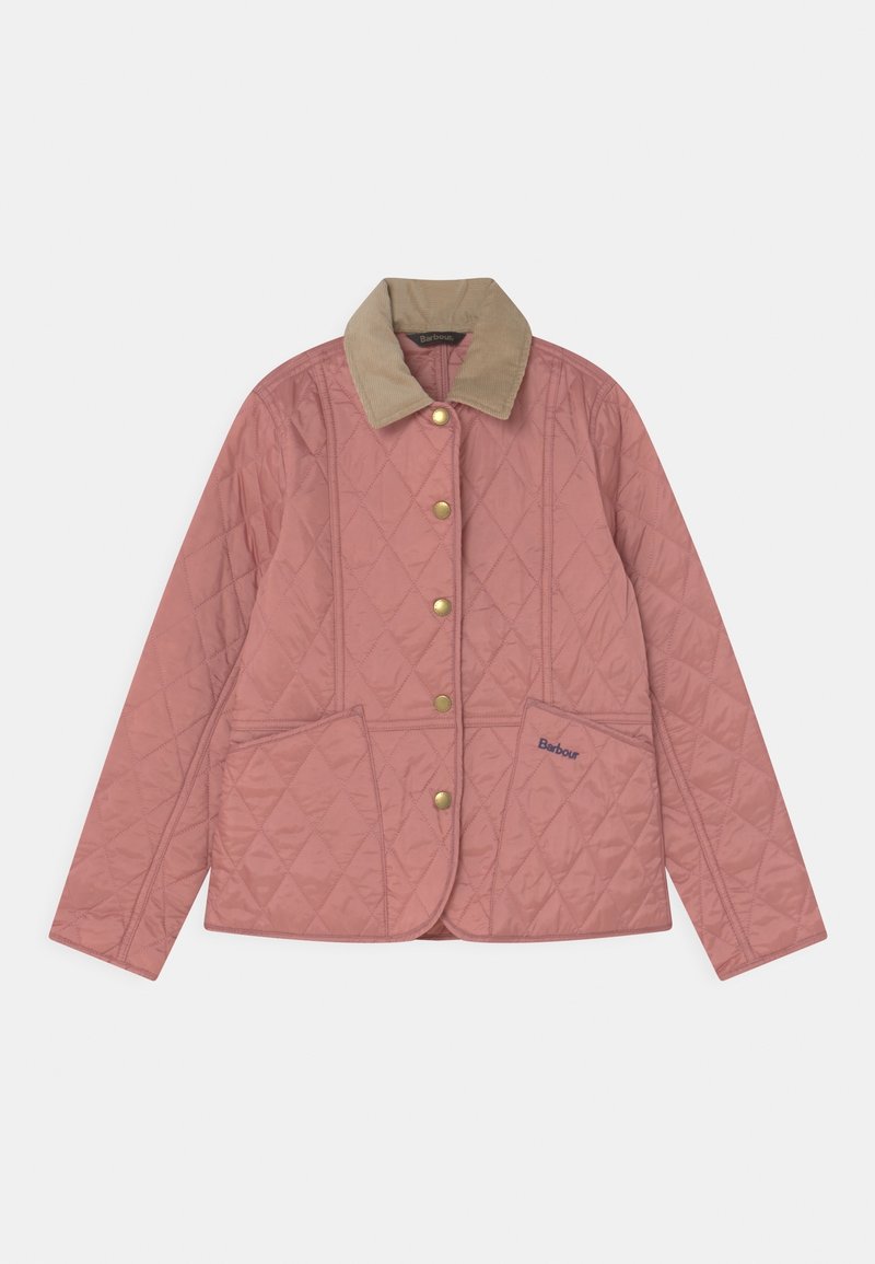 Gelaagde jas in stofkleur rozenkwarts, met een beige corduroy kraag, drukknoopsluiting, voorzakken en geborduurd logo-detail.