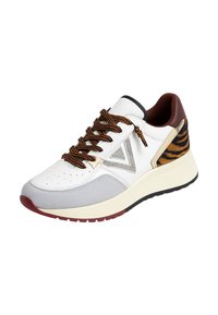 Sneakers bianche con accenti grigi, lacci colorati e stampa di tigre sul tallone. Presenta una tomaia in pelle liscia e una suola in gomma.