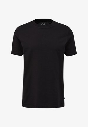 T-shirt noir à manches courtes en coton. Il présente un col rond, un design simple et une texture lisse sans motifs ni graphiques visibles.