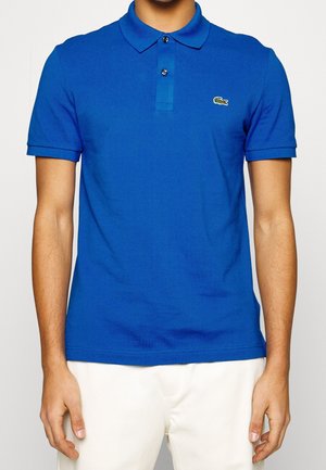 Blaues Poloshirt aus Baumwolle, mit klassischem Kragen, zwei Knöpfen und einem kleinen grünen Krokodil-Logo auf der linken Brust.