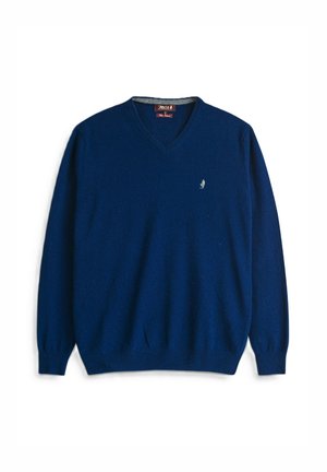 Maglione a V blu navy realizzato in morbida lana. Maniche lunghe, polsini e bordo a coste. Presenta un piccolo logo sul petto.