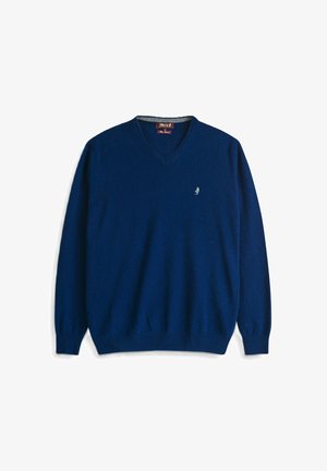 Maglione a V blu navy realizzato in morbida lana. Maniche lunghe, polsini e bordo a coste. Presenta un piccolo logo sul petto.