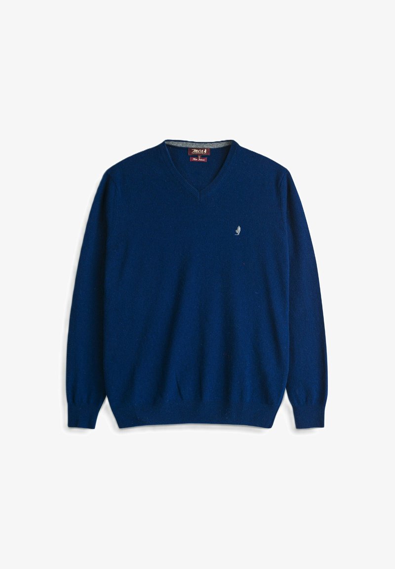 Maglione a V blu navy realizzato in morbida lana. Maniche lunghe, polsini e bordo a coste. Presenta un piccolo logo sul petto.