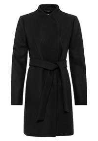 Musta villasekoitetakki, jossa korkea kaulus, kietaisumalli ja siihen sopiva vyö. Takissa on pitkät hihat ja teksturoitu kangaspinta.