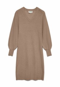 Robe en tricot marron clair avec un décolleté en V, des manches longues bouffantes et une texture côtelée. L'ourlet tombe au-dessus des genoux, présentant une silhouette décontractée.