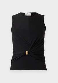 Μαύρ ο αμάνικο τοπ με draped ύφασμα, με στριμμένο μπροστινό μέρος και χρυσή λεπτομέρεια στη μέση. Λιτή υφή και εφαρμοστό σχέδιο.