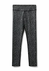 Leggings noirs ornés d'un motif léopard dans des tons de gris, avec une large ceinture et des coutures plates pour un confort optimal.