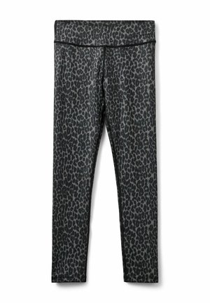 Svarta leggings med leopardmönster i grå toner, med en bred midjeband och platta sömmar för komfort.