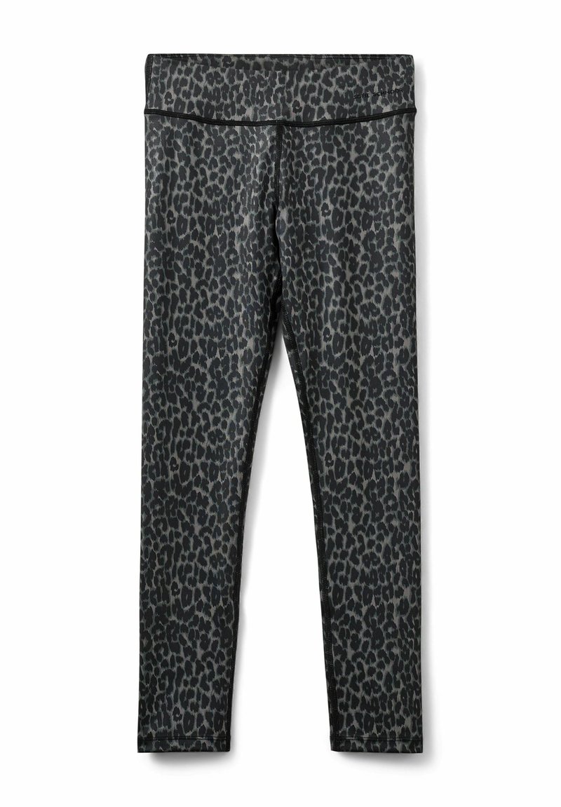 Leggings noirs ornés d'un motif léopard dans des tons de gris, avec une large ceinture et des coutures plates pour un confort optimal.