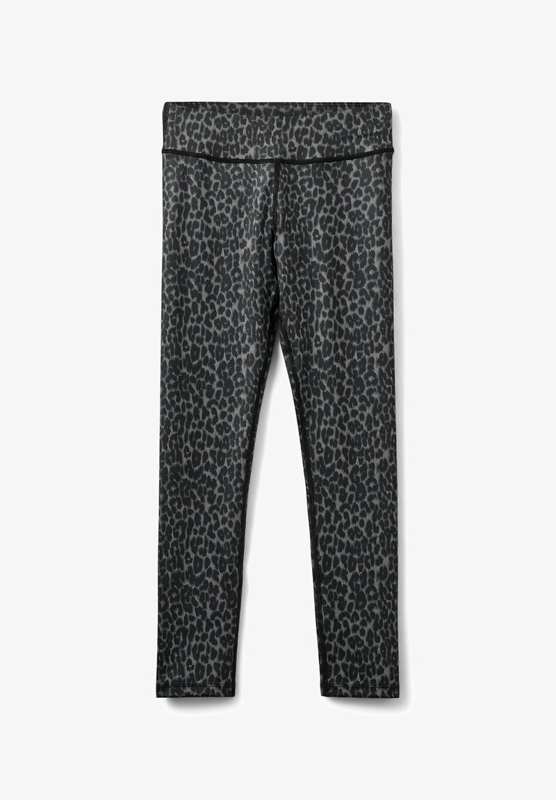 Črne legice z vzorcem leoparda v sivih tonih, širokim pasom in ravnimi šivi za udobje.
