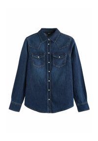 Camicia di jeans blu scuro con colletto a punta, due tasche sul petto con patta e chiusura a bottoni sul davanti e sui polsini.
