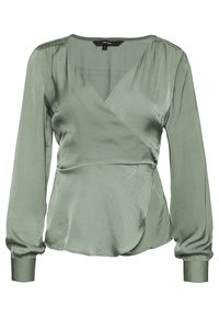 Blusa in satin verde con maniche lunghe, design avvolgente, scollatura a V e dettaglio arricciato sulle spalle. Texture liscia con un drappeggio fluido.