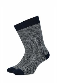 Skarpetki w kolorze granatowym i jasnoszarym, we wzór w jodełkę, z prążkowanym ściągaczem oraz jednolitymi ciemnymi akcentami na palcach i piętach, wykonane z miękkiej dzianiny.