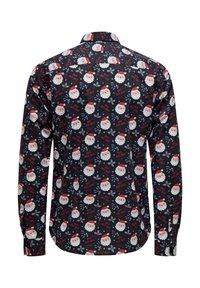 Langarmhemd aus Stoff mit dunklem Hintergrund, das ein wiederholtes Weihnachtsmann-Muster und den Text "Ho! Ho! Ho!" in Rot zeigt.