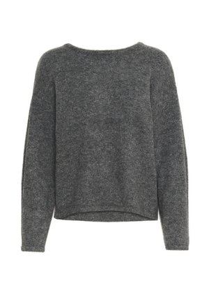 Un pull gris côtelé à col rond fait d'un matériau doux et texturé. Il présente des manches longues et un ourlet légèrement court. Pas de motifs ni d'accents visibles.