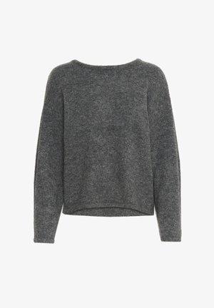 Siv sviter s krojem u obliku okruglog izreza, napravljen od mekog, teksturiranog materijala. Ima duge rukave i malo skraćeni rub. Nema vidljivih uzoraka ili akcenta.