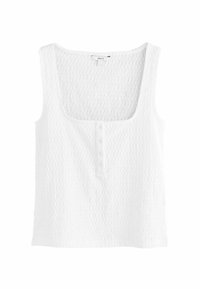 White sleeveless top with a textured design, square neckline, and five buttons down the front. Made from a lightweight material.