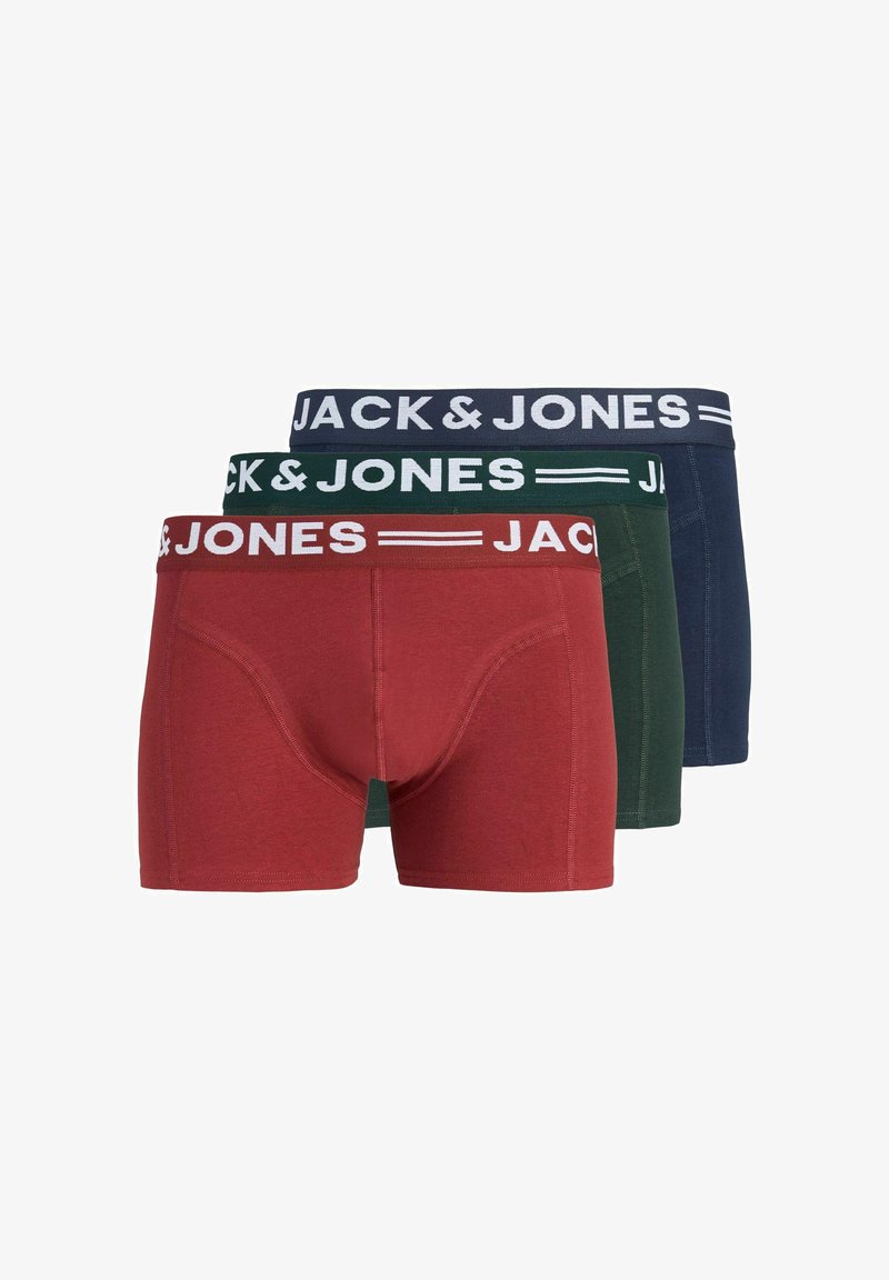 Trois paires de boxers homme en rouge, vert et bleu marine, avec des ceintures élastiques portant l'inscription "JACK & JONES" en blanc. Matière en coton.