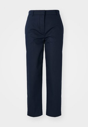 Navy blue trousers with a straight cut; made of smooth fabric featuring belt loops and a flat front design. No visible pockets.