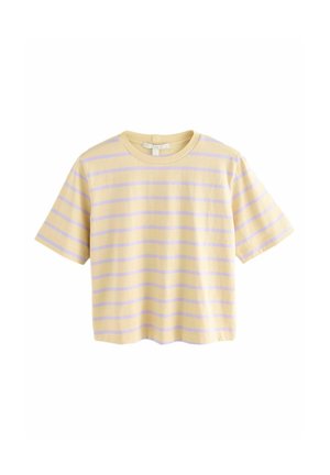 Yellow cropped short-sleeve T-shirt with horizontal light purple stripes and a round neckline against a white background.