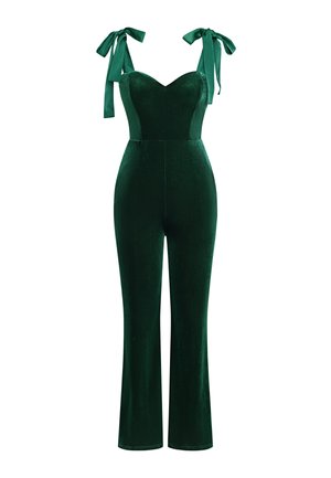 Zielony aksamitny kombinezon z dekoltem w kształcie serca, rozszerzanymi nogawkami i ozdobnymi wiązanymi ramiączkami. Miękka faktura z gładkim wykończeniem i dopasowanym gorsetem.
