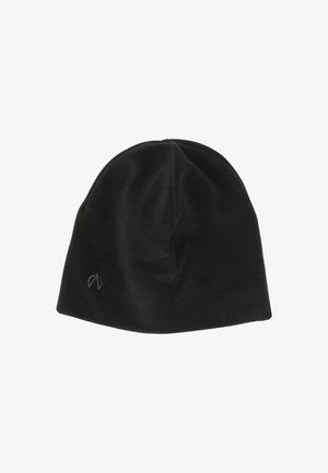 Zwarte beanie van zacht materiaal, met een naadloos ontwerp en een subtiele logo aan de voorkant, en een afgeronde kroonvorm.