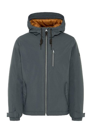 Tumši pelēkā kapuce jaka ar priekšējiem un krūšu rāvējslēdzējiem, regulējamiem aukliņām, sānu kabatām un oranžu iekšējo oderi.