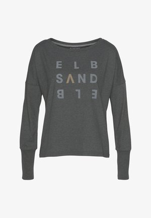 Long-sleeve, gray pullover shirt featuring relaxed fit and a graphic text design in varying colors and sizes across the front.