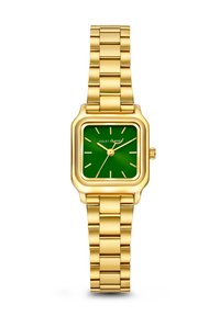 Montre en métal doré avec un boîtier carré, un cadran vert et des marqueurs d'heure dorés. Elle possède un bracelet de style maillons. Design simple et moderne.