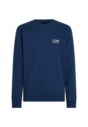 Navy blue sweatshirt made of cotton, featuring long sleeves, a crew neck, and a front logo print in white. Simple, solid design.