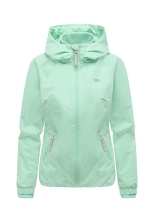 Lysegrøn hættetrøje med lynlås foran, lynlåslommer i siderne, elastiske manchetter og et lille logo på brystet.